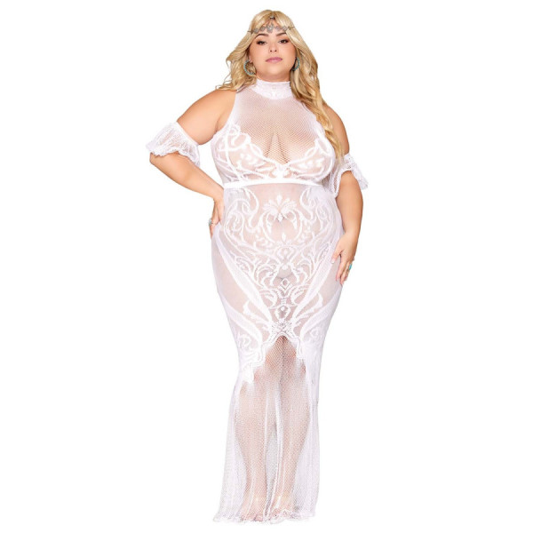Robe bodystocking, grande taille, en résille t dentelle blanche 